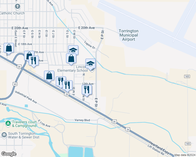 map of restaurants, bars, coffee shops, grocery stores, and more near East P Street in Torrington