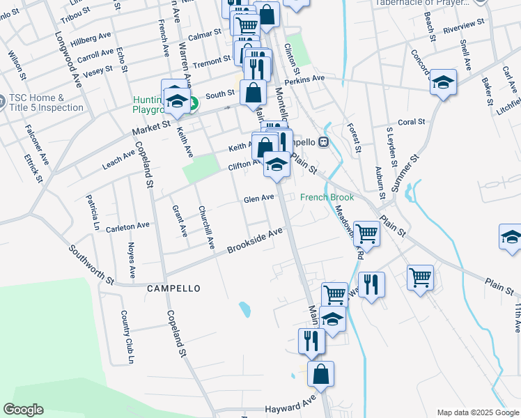 map of restaurants, bars, coffee shops, grocery stores, and more near 1348 Main Street in Brockton