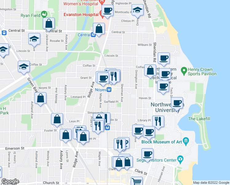 map of restaurants, bars, coffee shops, grocery stores, and more near 813 Noyes Street in Evanston