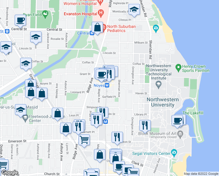 map of restaurants, bars, coffee shops, grocery stores, and more near 813 Noyes Street in Evanston