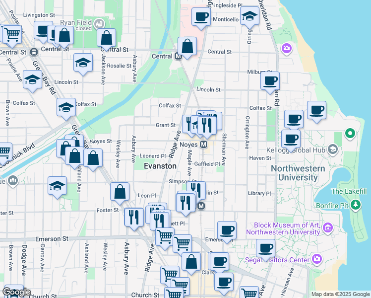 map of restaurants, bars, coffee shops, grocery stores, and more near 1014 Noyes Street in Evanston