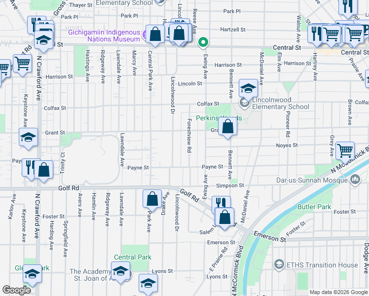 map of restaurants, bars, coffee shops, grocery stores, and more near 2237 Lincolnwood Drive in Evanston