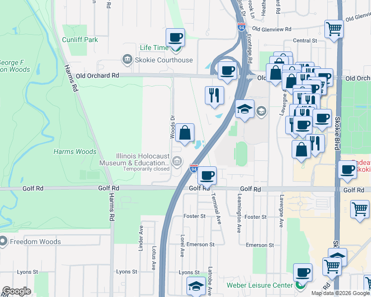 map of restaurants, bars, coffee shops, grocery stores, and more near 9731 Woods Drive in Skokie