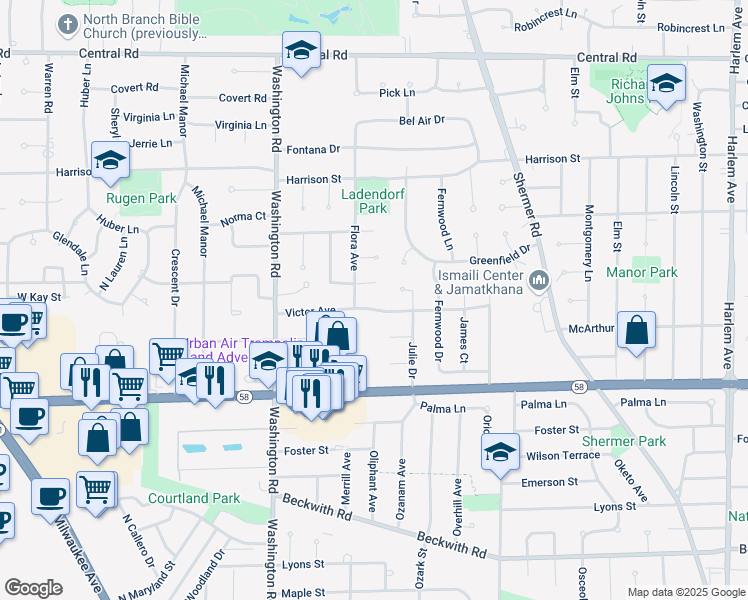 map of restaurants, bars, coffee shops, grocery stores, and more near 205 Flora Avenue in Glenview