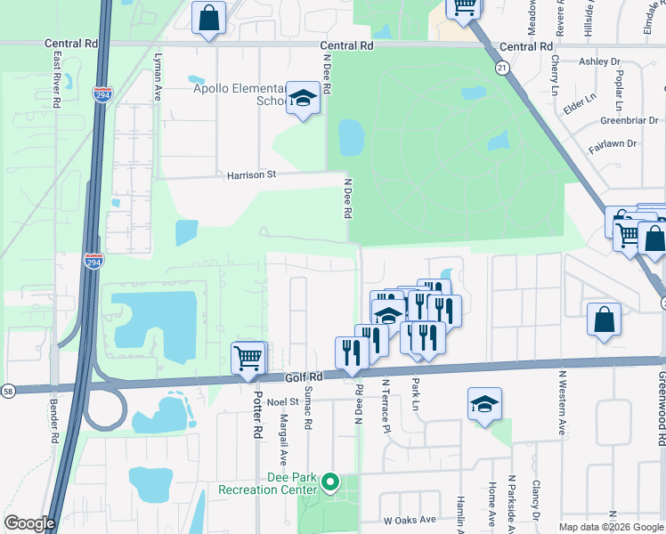 map of restaurants, bars, coffee shops, grocery stores, and more near 9240 Hamilton Court in Des Plaines