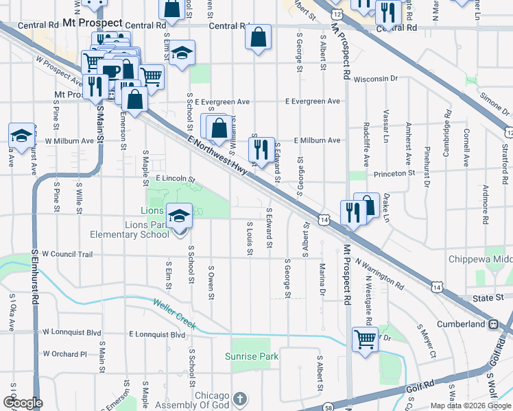 map of restaurants, bars, coffee shops, grocery stores, and more near 701 East Prospect Avenue in Mount Prospect