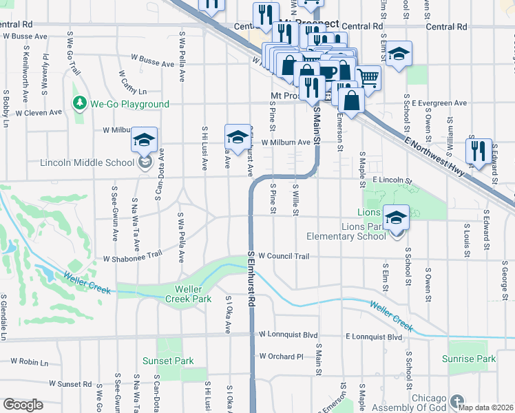 map of restaurants, bars, coffee shops, grocery stores, and more near 429 Elmhurst Road in Mount Prospect