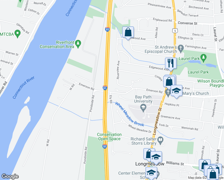 map of restaurants, bars, coffee shops, grocery stores, and more near 198 Emerson Road in Longmeadow