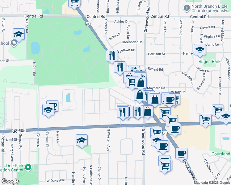 map of restaurants, bars, coffee shops, grocery stores, and more near 8657 Gregory Lane in Des Plaines