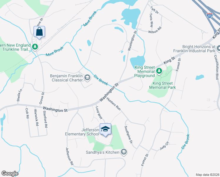 map of restaurants, bars, coffee shops, grocery stores, and more near 585 Washington Street in Franklin