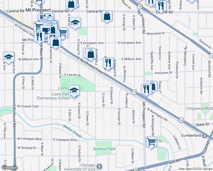 map of restaurants, bars, coffee shops, grocery stores, and more near 701 East Prospect Avenue in Mount Prospect