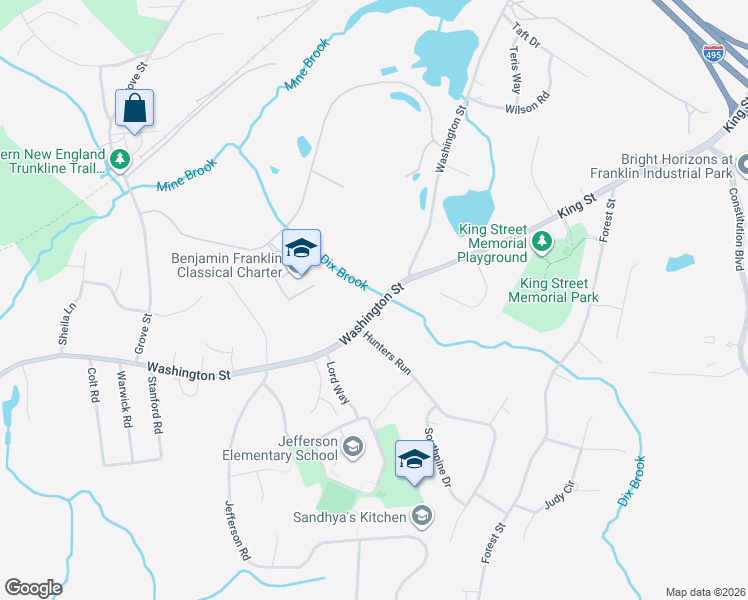 map of restaurants, bars, coffee shops, grocery stores, and more near 585 Washington Street in Franklin