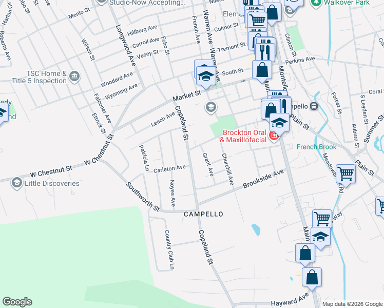 map of restaurants, bars, coffee shops, grocery stores, and more near 91 Copeland Street in Brockton