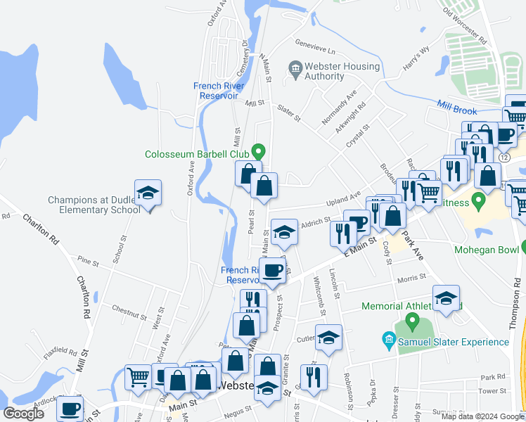 map of restaurants, bars, coffee shops, grocery stores, and more near 103 North Main Street in Webster
