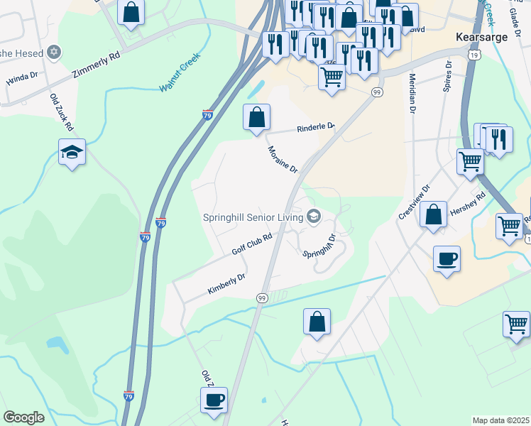 map of restaurants, bars, coffee shops, grocery stores, and more near 6125 Glen Eagles Drive in Erie