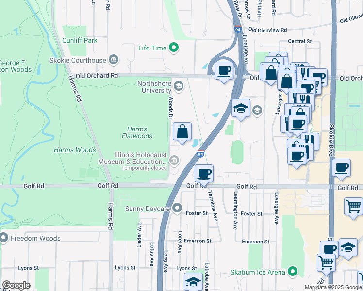 map of restaurants, bars, coffee shops, grocery stores, and more near 9731 Woods Drive in Skokie