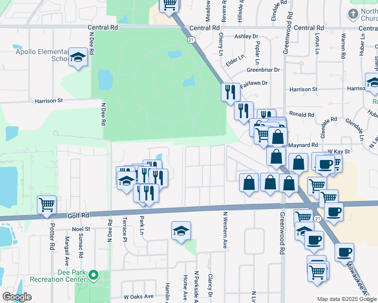 map of restaurants, bars, coffee shops, grocery stores, and more near 9672 Golf Terrace in Des Plaines