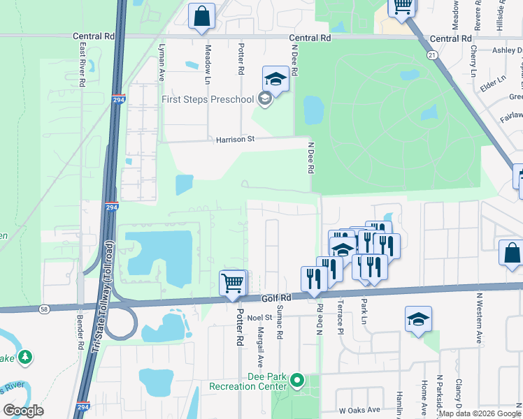 map of restaurants, bars, coffee shops, grocery stores, and more near 9310 Hamilton Court in Des Plaines