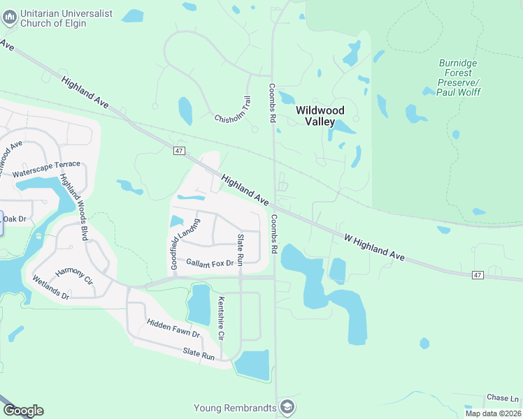 map of restaurants, bars, coffee shops, grocery stores, and more near 12n124 Coombs Road in Elgin