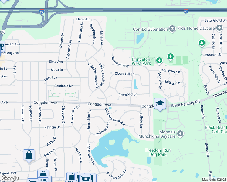 map of restaurants, bars, coffee shops, grocery stores, and more near 1089 Ironwood Drive in Elgin