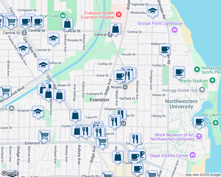 map of restaurants, bars, coffee shops, grocery stores, and more near 2213 Ridge Avenue in Evanston