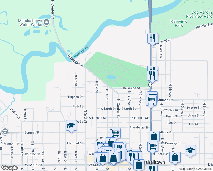 map of restaurants, bars, coffee shops, grocery stores, and more near 722 North Center Street in Marshalltown