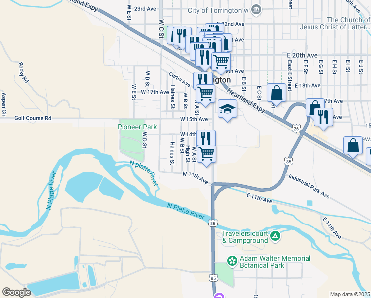 map of restaurants, bars, coffee shops, grocery stores, and more near 1100-1398 W B St in Torrington