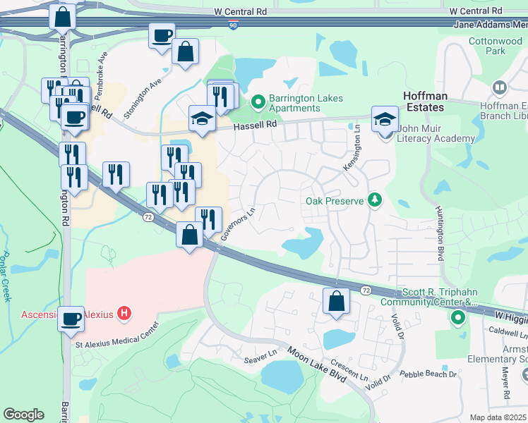 map of restaurants, bars, coffee shops, grocery stores, and more near 2150 West Smethwick Lane in Hoffman Estates
