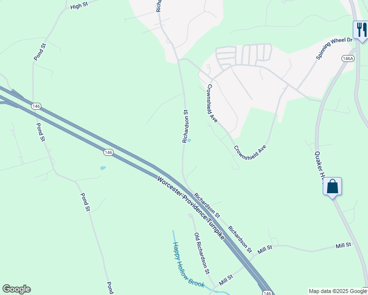 map of restaurants, bars, coffee shops, grocery stores, and more near 209 Richardson Street in Uxbridge
