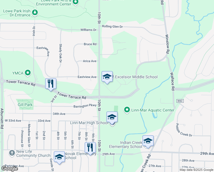 map of restaurants, bars, coffee shops, grocery stores, and more near 3555 10th Street in Marion