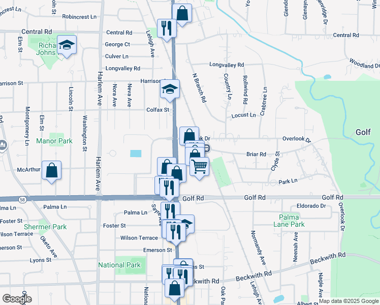 map of restaurants, bars, coffee shops, grocery stores, and more near 195 North Waukegan Road in Glenview