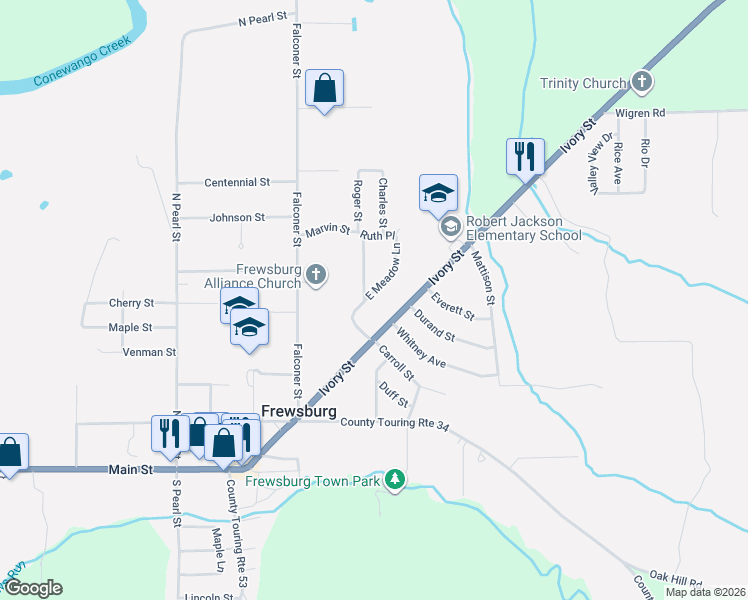 map of restaurants, bars, coffee shops, grocery stores, and more near 2 North Meadow Lane in Frewsburg