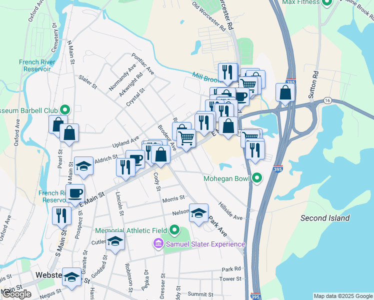 map of restaurants, bars, coffee shops, grocery stores, and more near 101 East Main Street in Webster