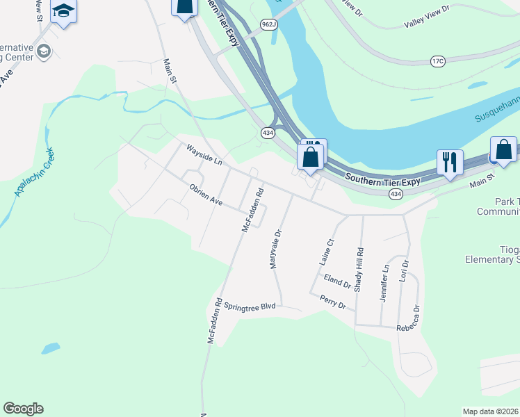 map of restaurants, bars, coffee shops, grocery stores, and more near 49 McFadden Road in Apalachin