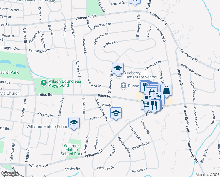 map of restaurants, bars, coffee shops, grocery stores, and more near 275 Blueberry Hill Road in Longmeadow