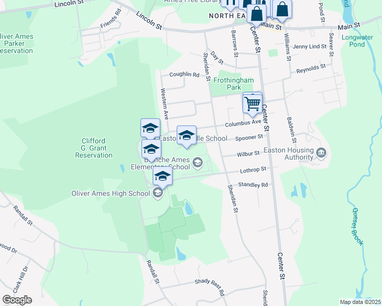 map of restaurants, bars, coffee shops, grocery stores, and more near 50 Spooner Street in Easton
