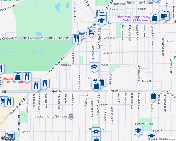 map of restaurants, bars, coffee shops, grocery stores, and more near 9733 Karlov Avenue in Skokie