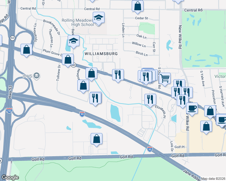 map of restaurants, bars, coffee shops, grocery stores, and more near 5200 Carriageway Drive in Rolling Meadows