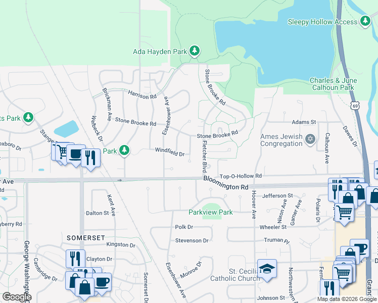 map of restaurants, bars, coffee shops, grocery stores, and more near 3817 Columbine Avenue in Ames