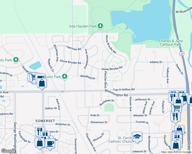 map of restaurants, bars, coffee shops, grocery stores, and more near 3801 Columbine Avenue in Ames