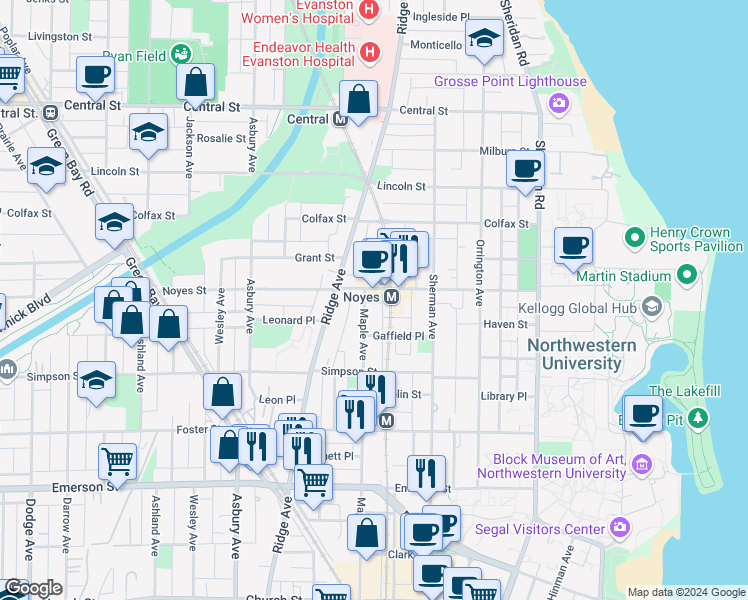 map of restaurants, bars, coffee shops, grocery stores, and more near in Evanston