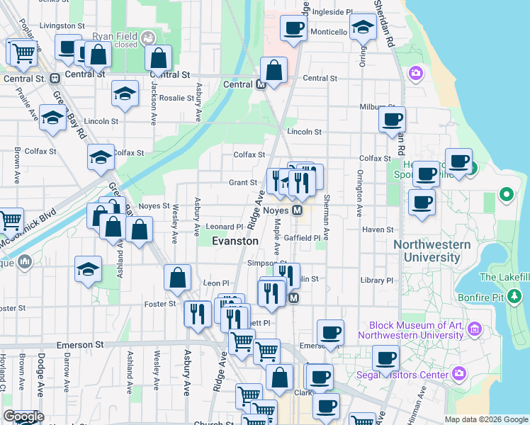 map of restaurants, bars, coffee shops, grocery stores, and more near 1014 Noyes Street in Evanston