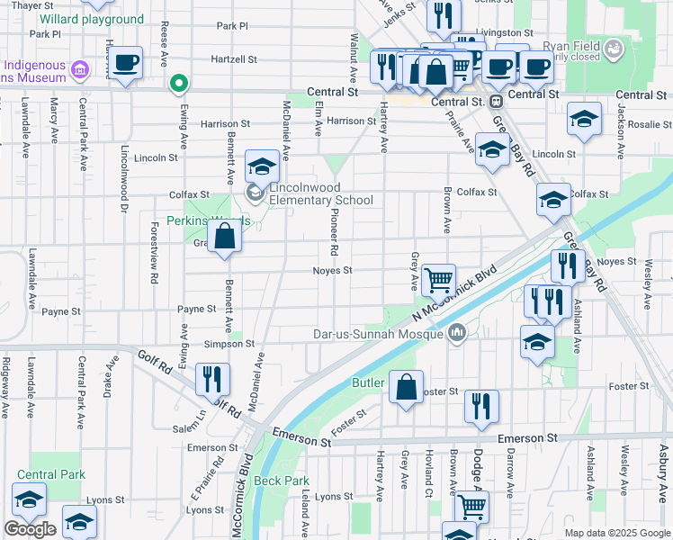 map of restaurants, bars, coffee shops, grocery stores, and more near 2227 Noyes Street in Evanston