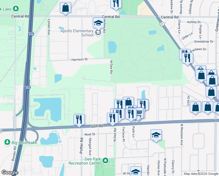 map of restaurants, bars, coffee shops, grocery stores, and more near 9240 Hamilton Court in Des Plaines