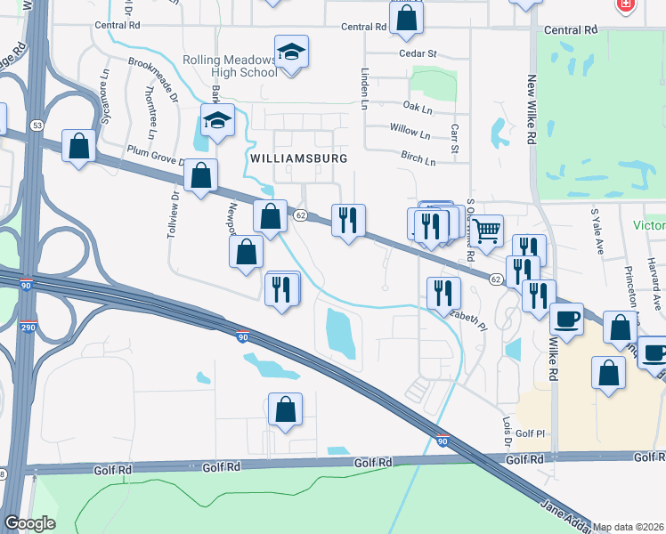 map of restaurants, bars, coffee shops, grocery stores, and more near 5200 Carriageway Drive in Rolling Meadows