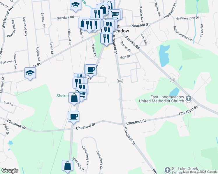 map of restaurants, bars, coffee shops, grocery stores, and more near 16 Spruce Street in East Longmeadow