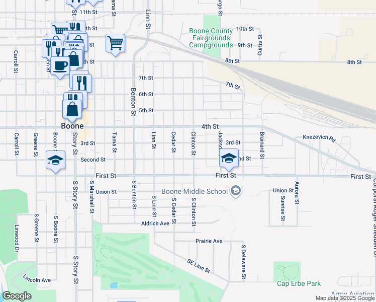 map of restaurants, bars, coffee shops, grocery stores, and more near 227 South Clinton Street in Boone