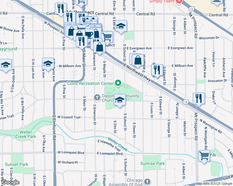 map of restaurants, bars, coffee shops, grocery stores, and more near 411 South Maple Street in Mount Prospect