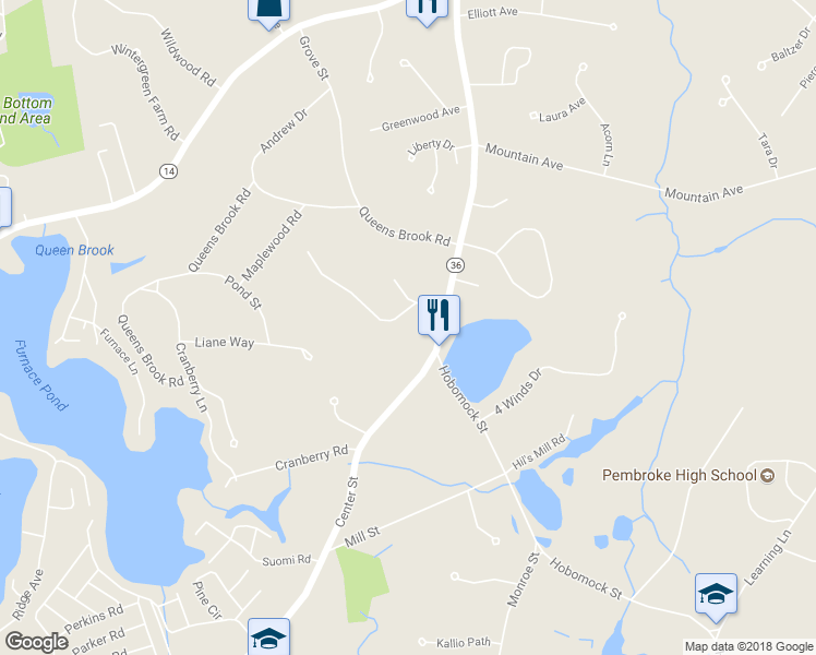 map of restaurants, bars, coffee shops, grocery stores, and more near 18 Erikson Lane in Pembroke