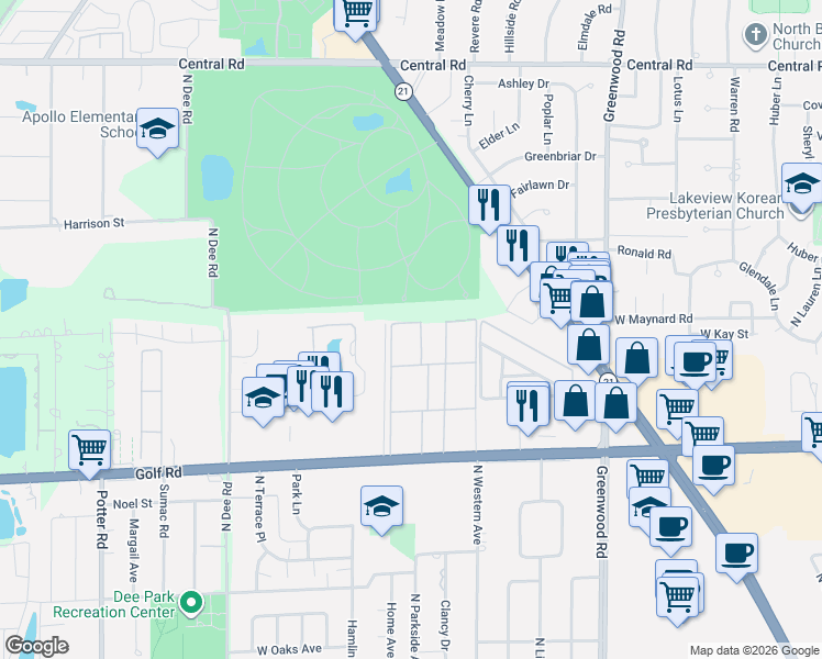 map of restaurants, bars, coffee shops, grocery stores, and more near 8864 Northshore Drive in Des Plaines